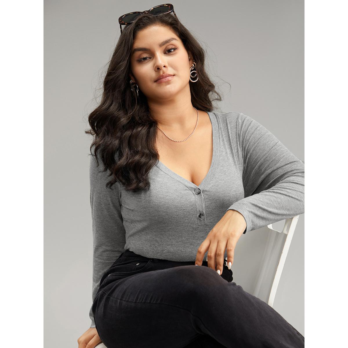 Plus Size Supersoft Essentials Rib Knit Button Up Bodysuit Women Gray Plain Plain Bodysuits BloomChic 26/4X Product Image