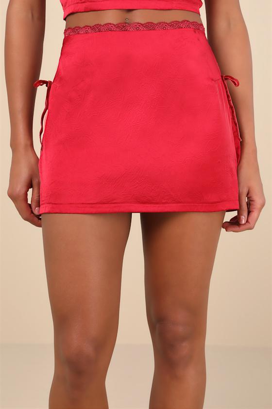 Flawless Impression Red Satin Lace Mini Skirt Product Image