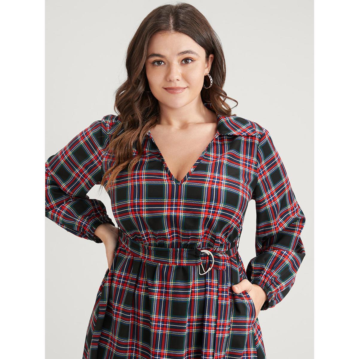Plus Size Tartan Lantern Sleeve Pocket Belted Midi Dress Russet Women Elegant Elastic Waist Lapel Collar Long Sleeve Curvy Midi Dress BloomChic 14-16/1X Product Image