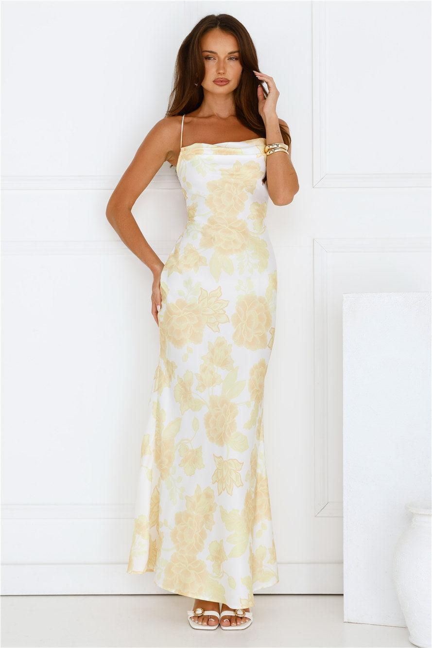 Floral Dreaming Satin Maxi Dress Yellow Product Image