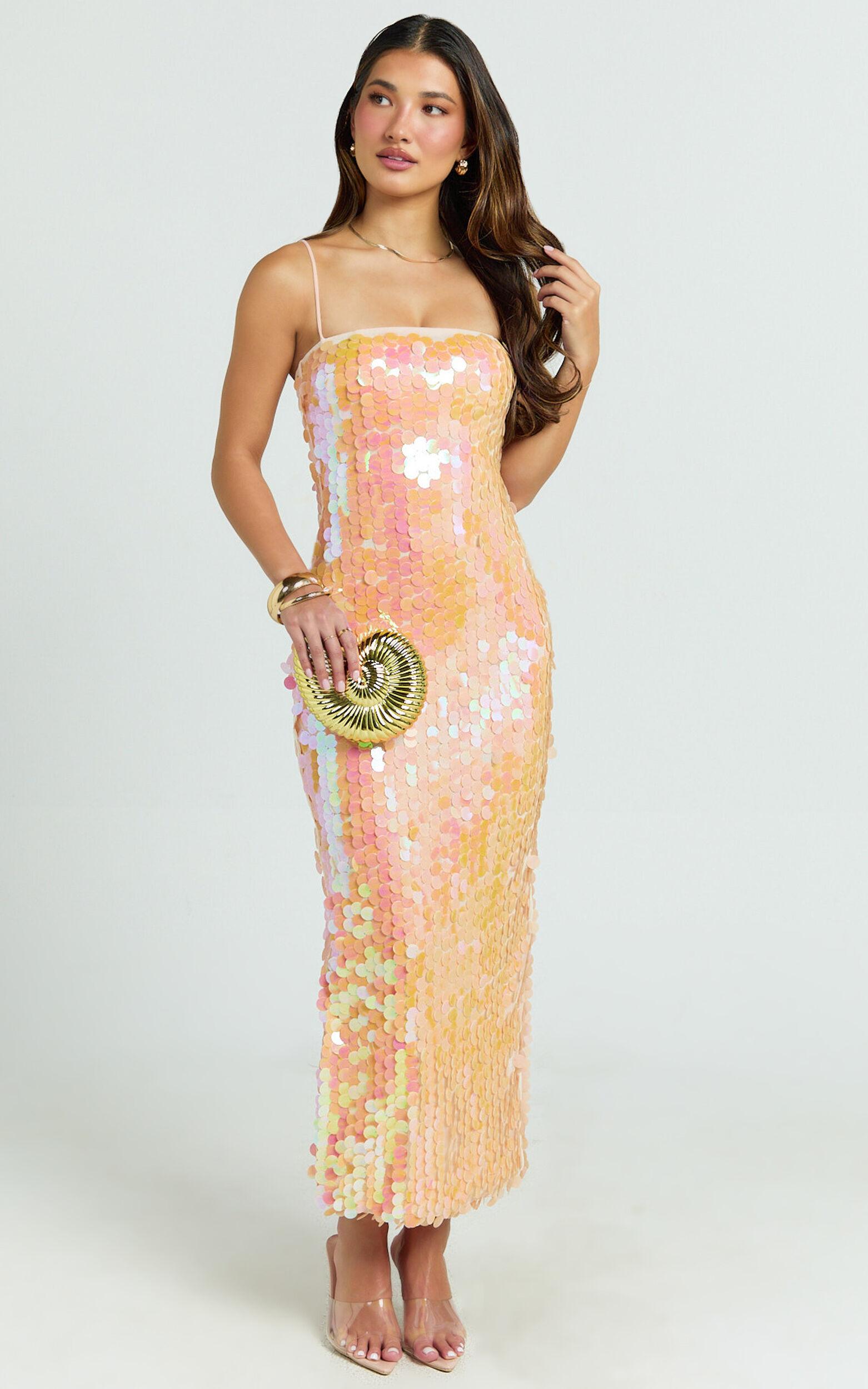 Casey Midi Dress - Square Neck Sequin Bodycon Dress in Peach Product Image