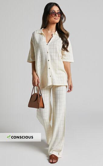 Tommy Two Piece Set - Knit Button Through Top and Pants Two Piece Set in Cream Product Image