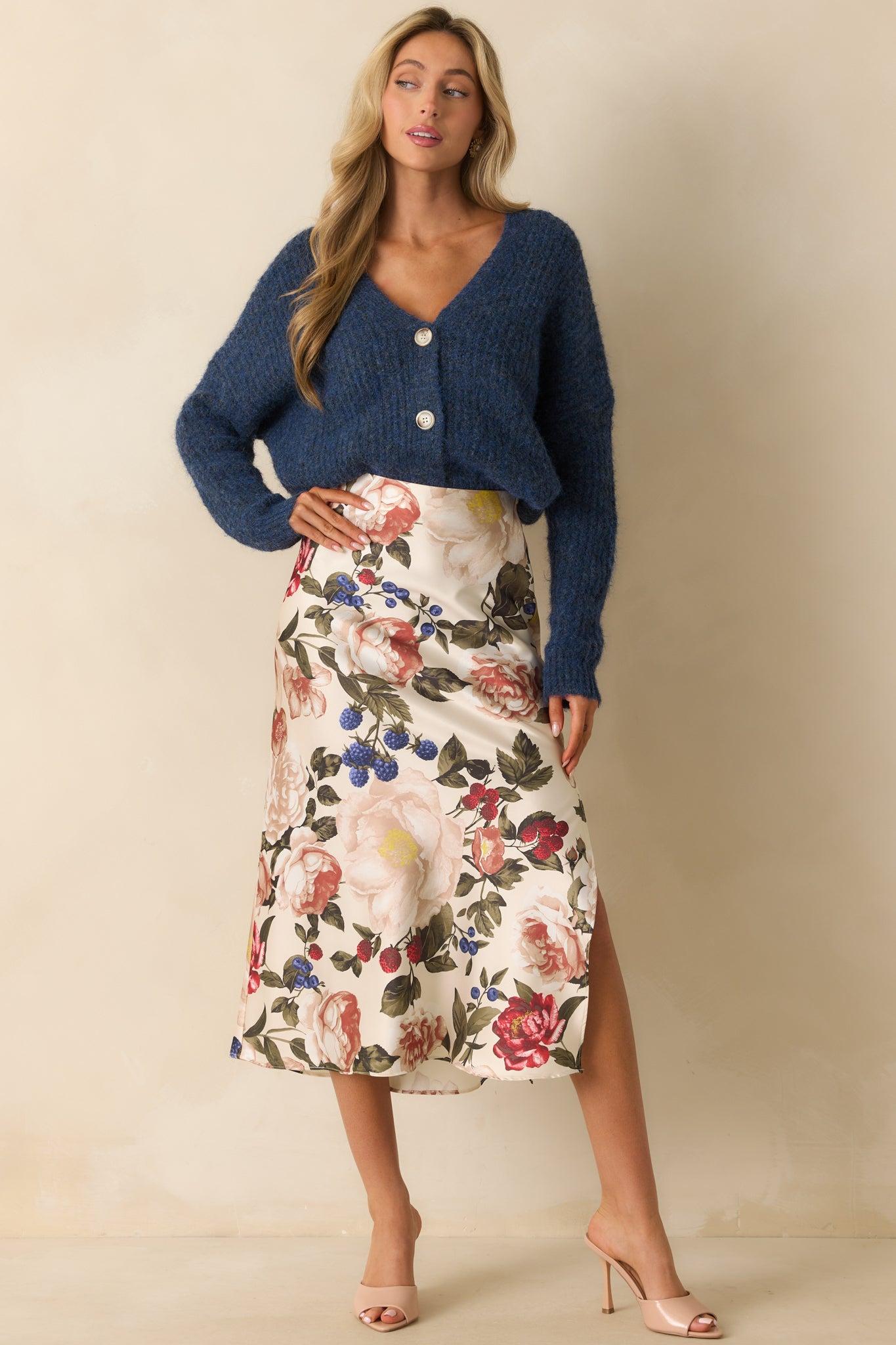 Feeling Pretty Sure Ivory Multi Floral Print Satin Midi Skirt Product Image