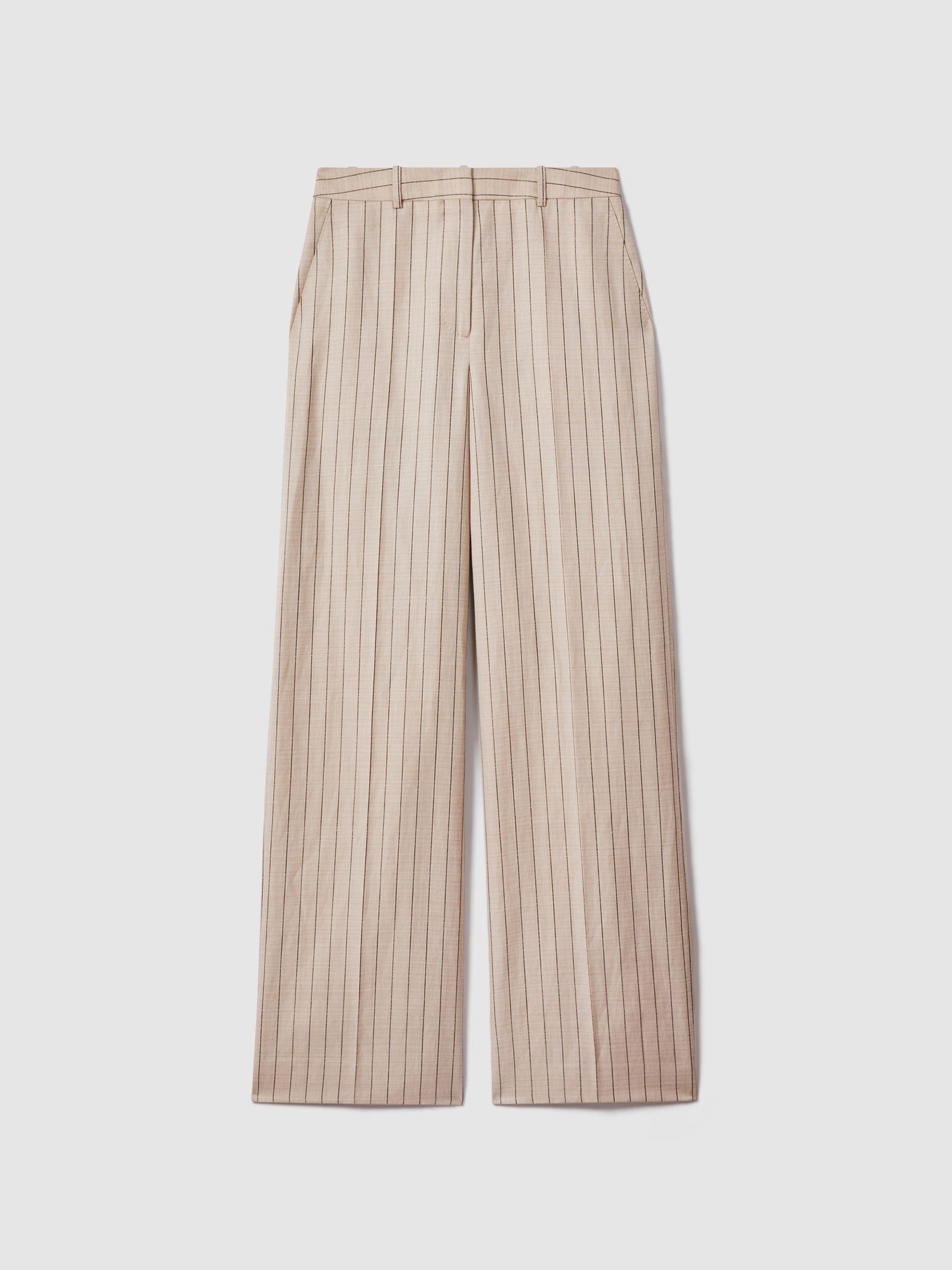 Wool Blend Striped Wide Leg Trousers in Neutral Product Image