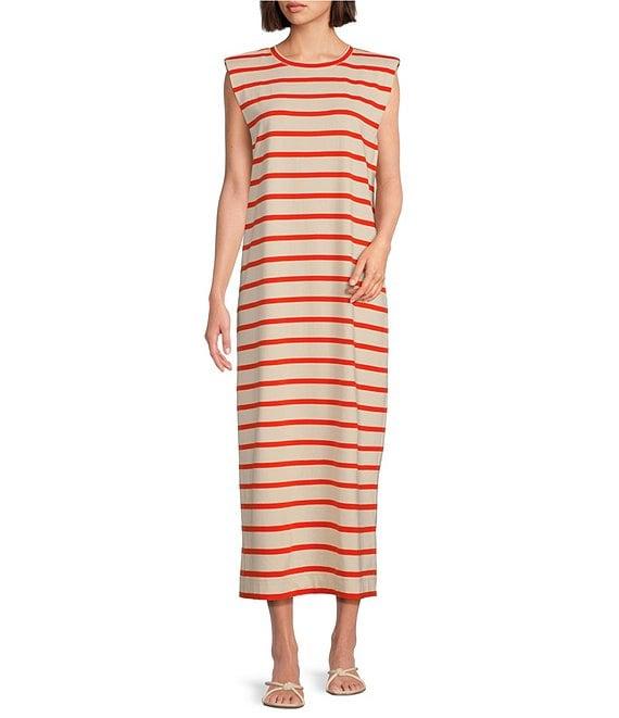Gibson & Latimer Stripe Knit Crew Neck Sleeveless Sheath Midi Dress Product Image