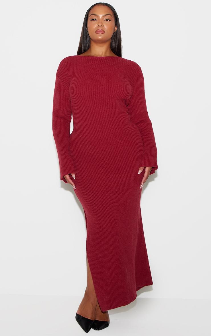 Plus Burgundy Rib Knit Low Back Long Sleeve Maxi Dress Product Image