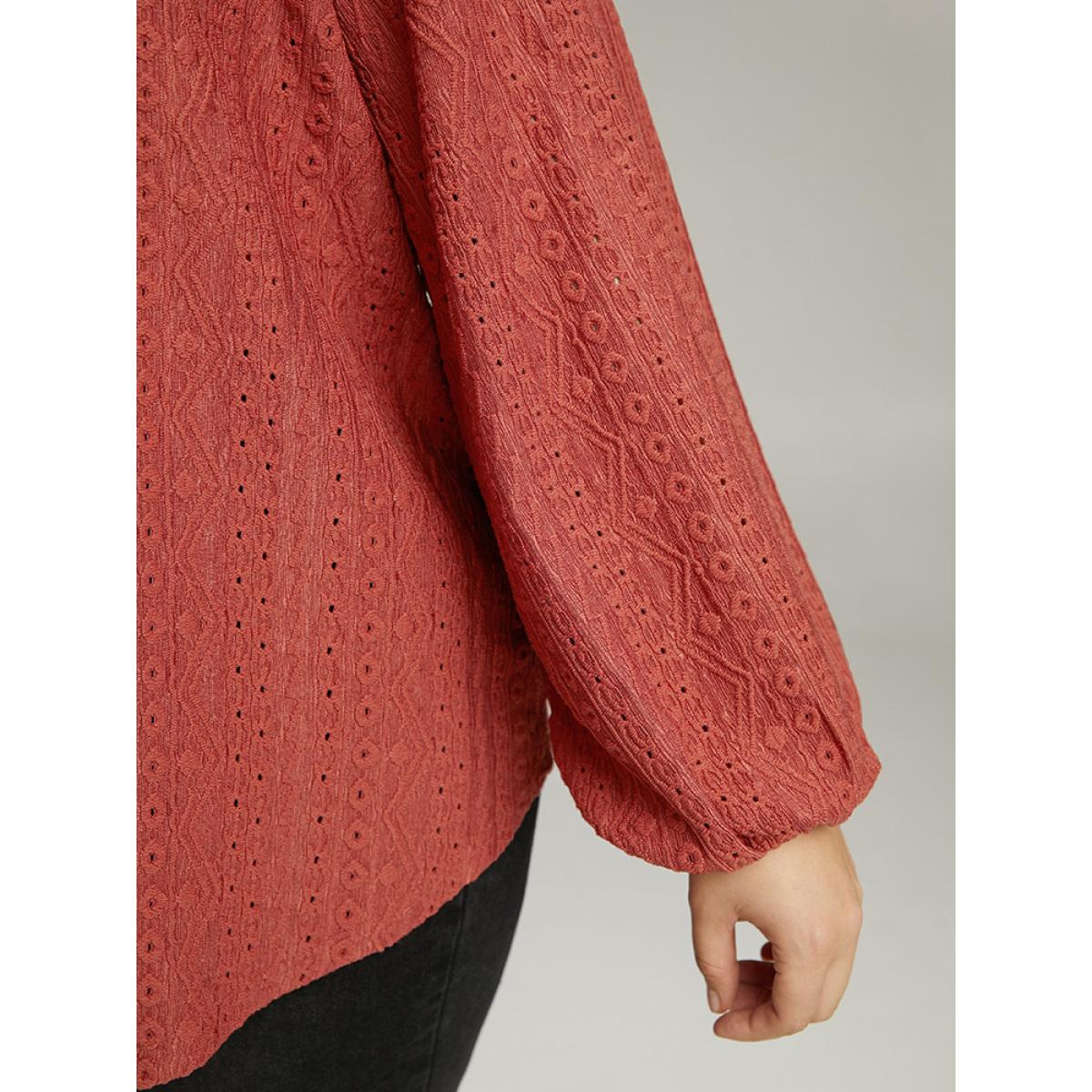 Plus Size Keyhole Plicated Detail Lantern Sleeve T-shirt Rust Women Elegant Elastic cuffs Plain V-neck Dailywear T-shirts BloomChic 18-20/2X Product Image