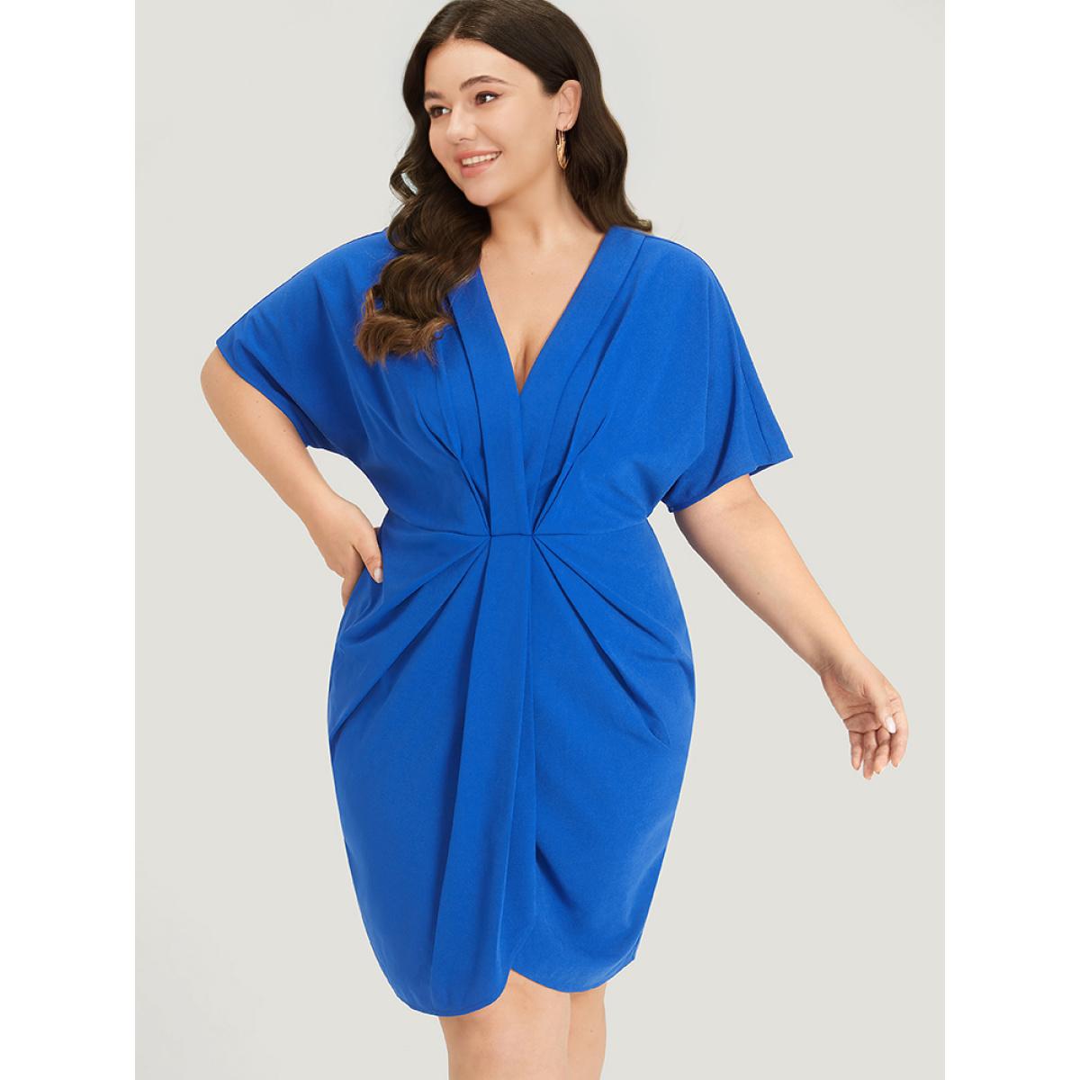 Plus Size Plain Shawl Neck Pleated Batwing Sleeve Dress Blue Women Glamour Plain V-neck Short sleeve Curvy Knee Dress BloomChic 12/L Product Image