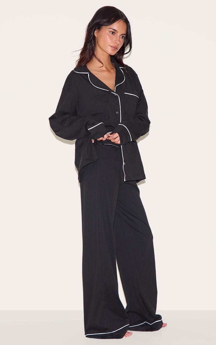 Black Oversized Jersey Piping Detail Long PJ Set Product Image