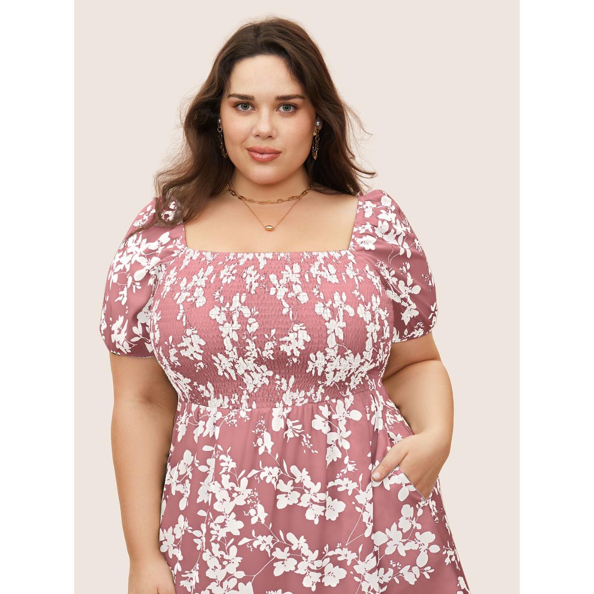 Plus Size Silhouette Floral Print Shirred Puff Sleeve Dress Rouge Women Elegant Gathered Square Neck Short sleeve Curvy Midi Dress BloomChic 30/6X Product Image