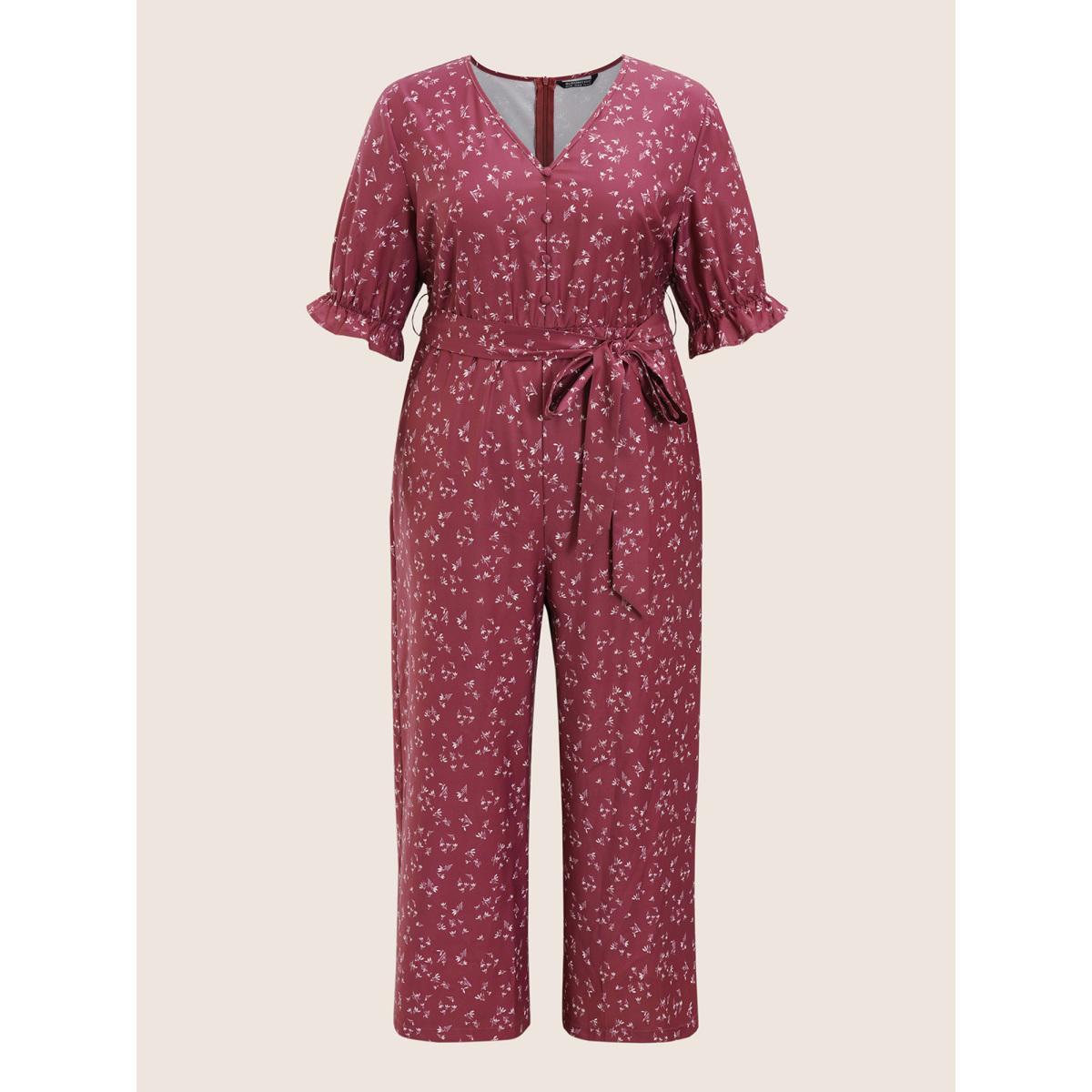 Plus Size DustyPink Ditsy Floral Flutter Trim Belted Button Detail Jumpsuit Women Elegant Half Sleeve V-neck Everyday Loose Jumpsuits BloomChic 30/6X Product Image