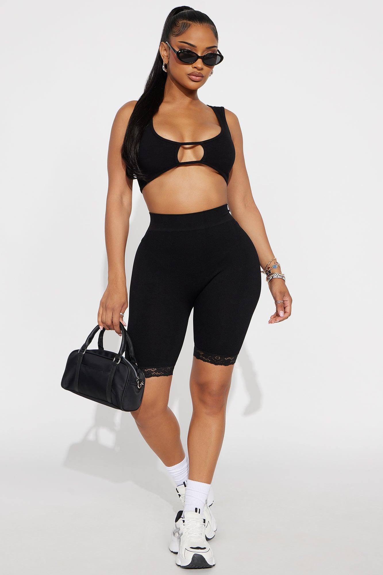 Caitlynn Seamless Lace Trim Biker Short - Black Product Image