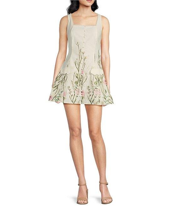 En Saison Esmeralda Floral Border Print Square Neck Sleeveless Mini Dress Product Image