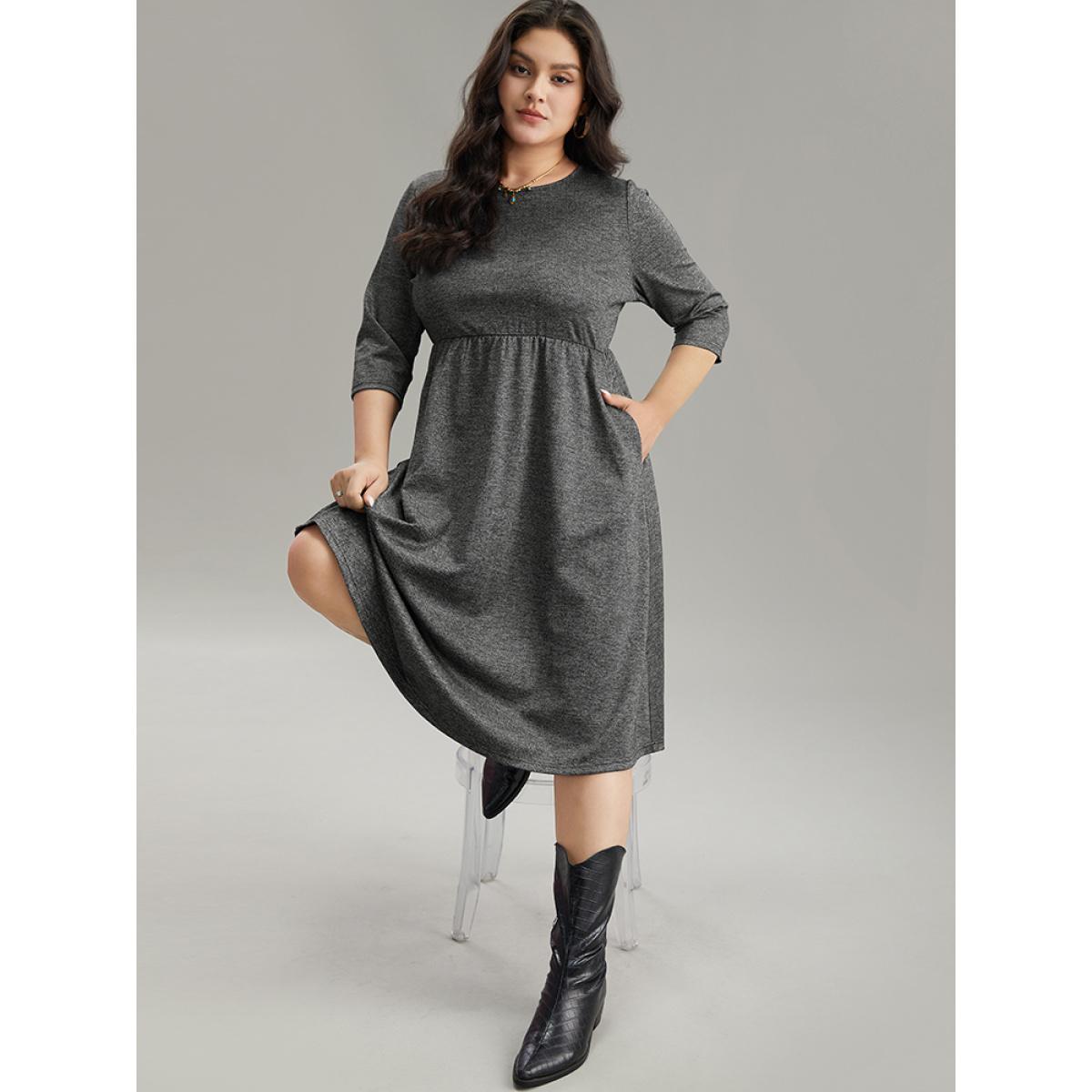 Plus Size Plain Textured Pocket Elastic Waist Gathered Dress DarkGray Women Casual Texture Round Neck Elbow-length sleeve Curvy Midi Dress BloomChic 22-24/3X Product Image