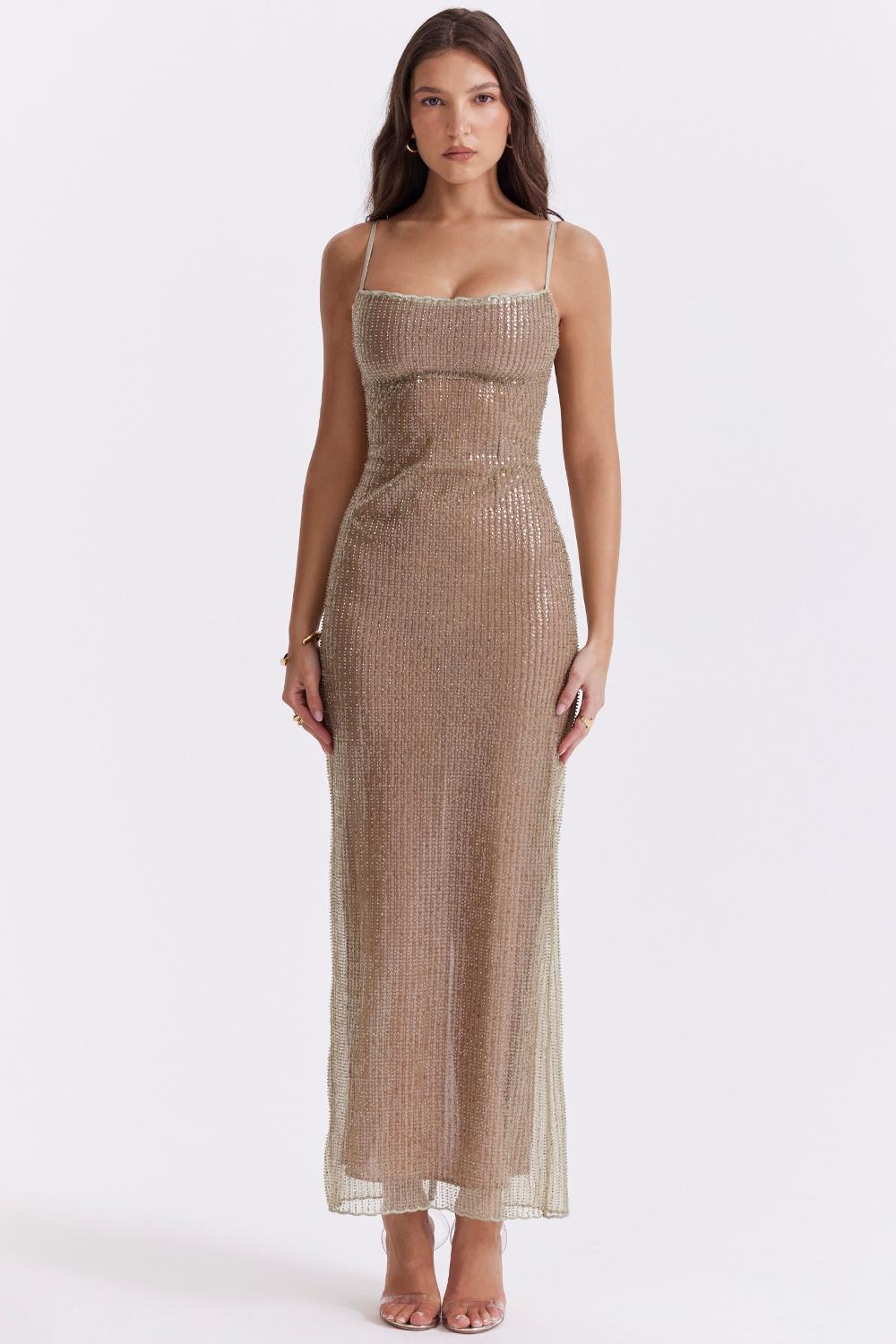 Alondra  cafe au lait beaded maxi dress - limited edition Product Image