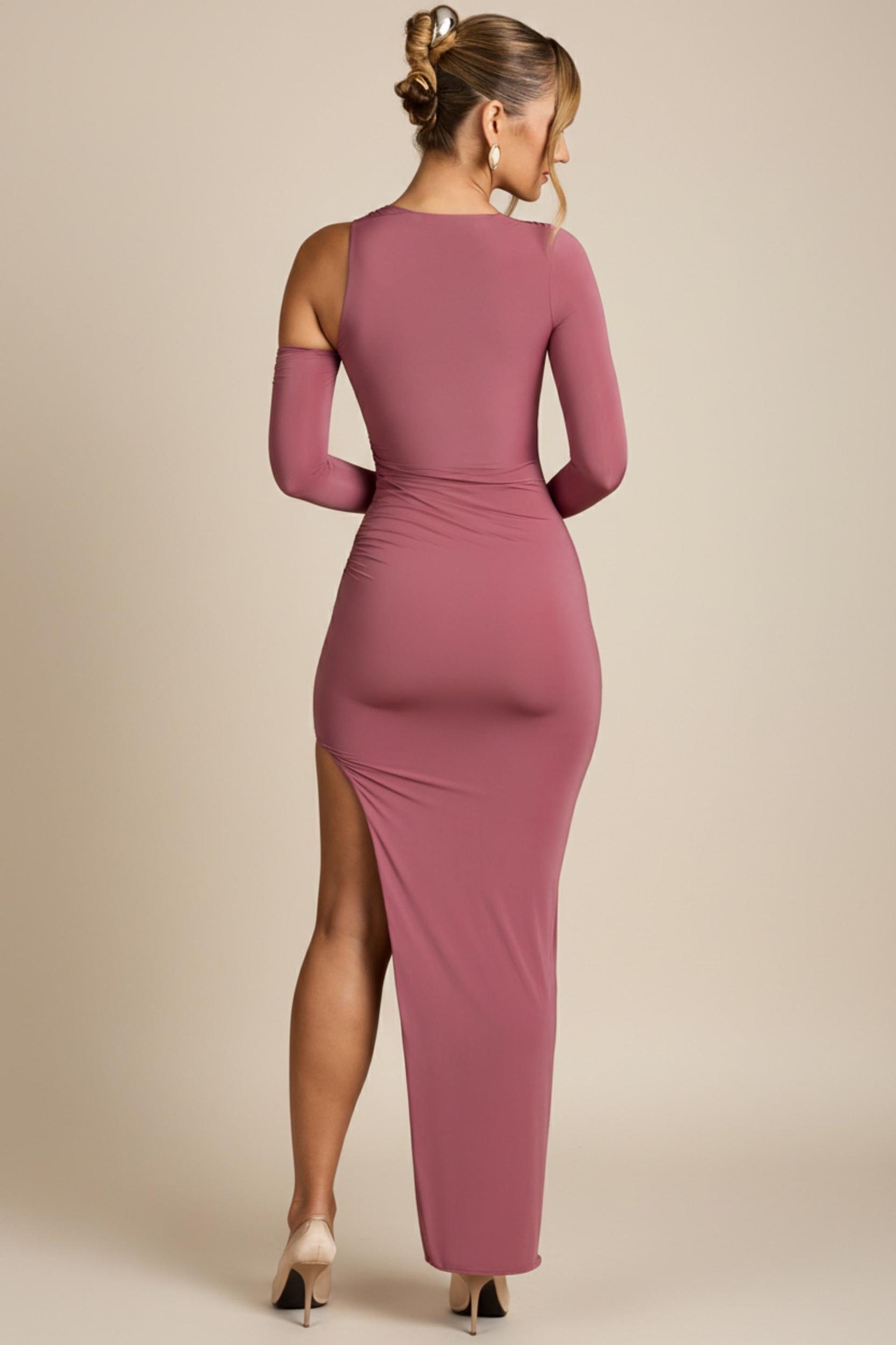 Asymmetric Draped Maxi Dress in Rose Brown Product Image