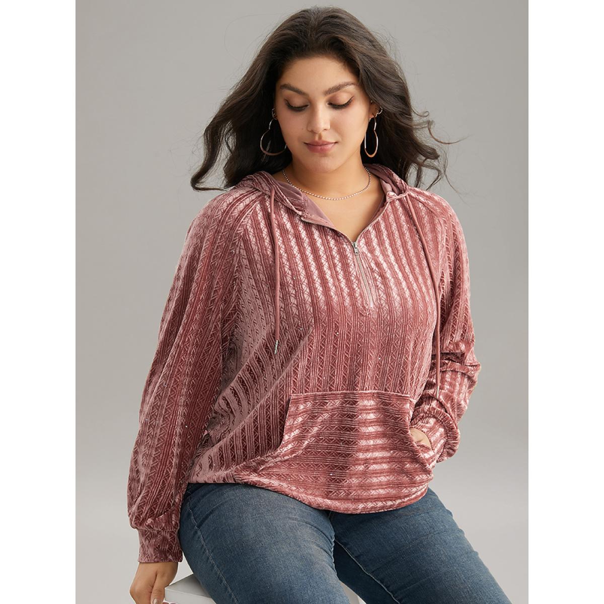 Plus Size Textured Sequin Velvet Half Zip Pocket Sweatshirt Women DustyPink Casual Velvet Hooded Everyday Sweatshirts BloomChic 10/M Product Image