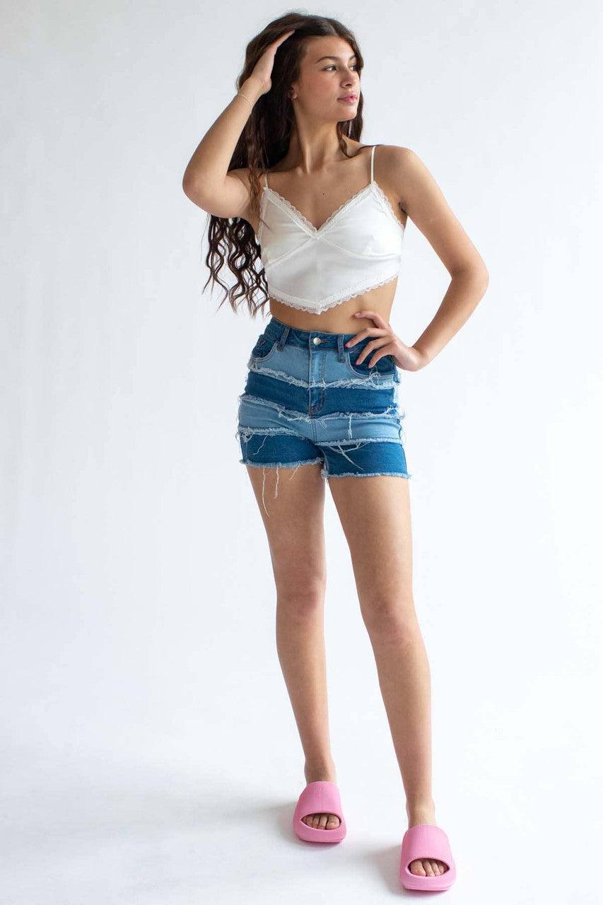 Patchwork Denim Shorts 1 Product Image