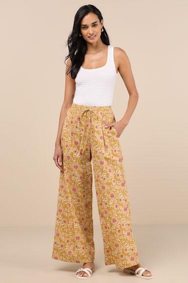 Dido Mustard Yellow Multi Floral Wide-Leg Pants Product Image