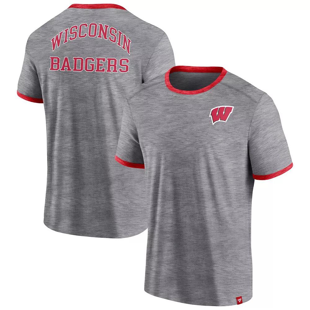 Men's Fanatics Branded Heather Gray Wisconsin Badgers Classic Stack Ringer T-Shirt,  Product Image
