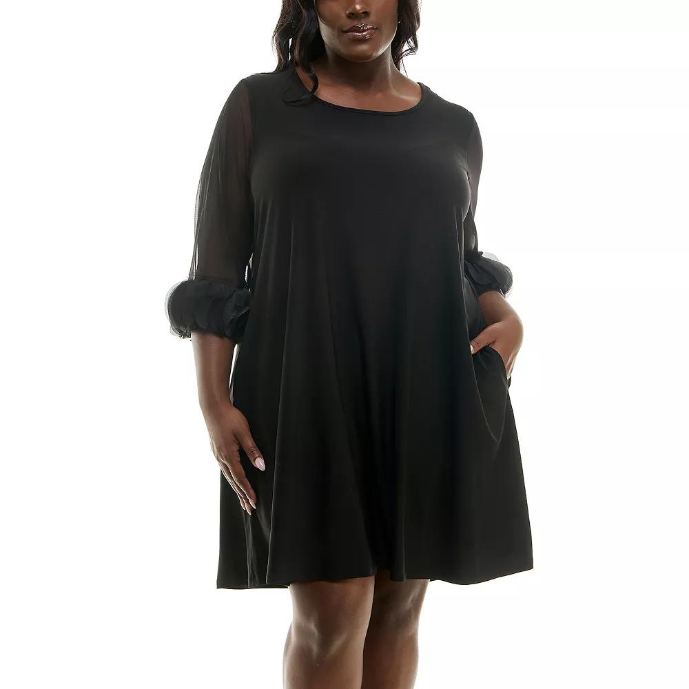 Plus Size Nina Leonard Puffed 3/4-Sleeve Trapeze Dress, Women's, Size: 1XL, Black Product Image