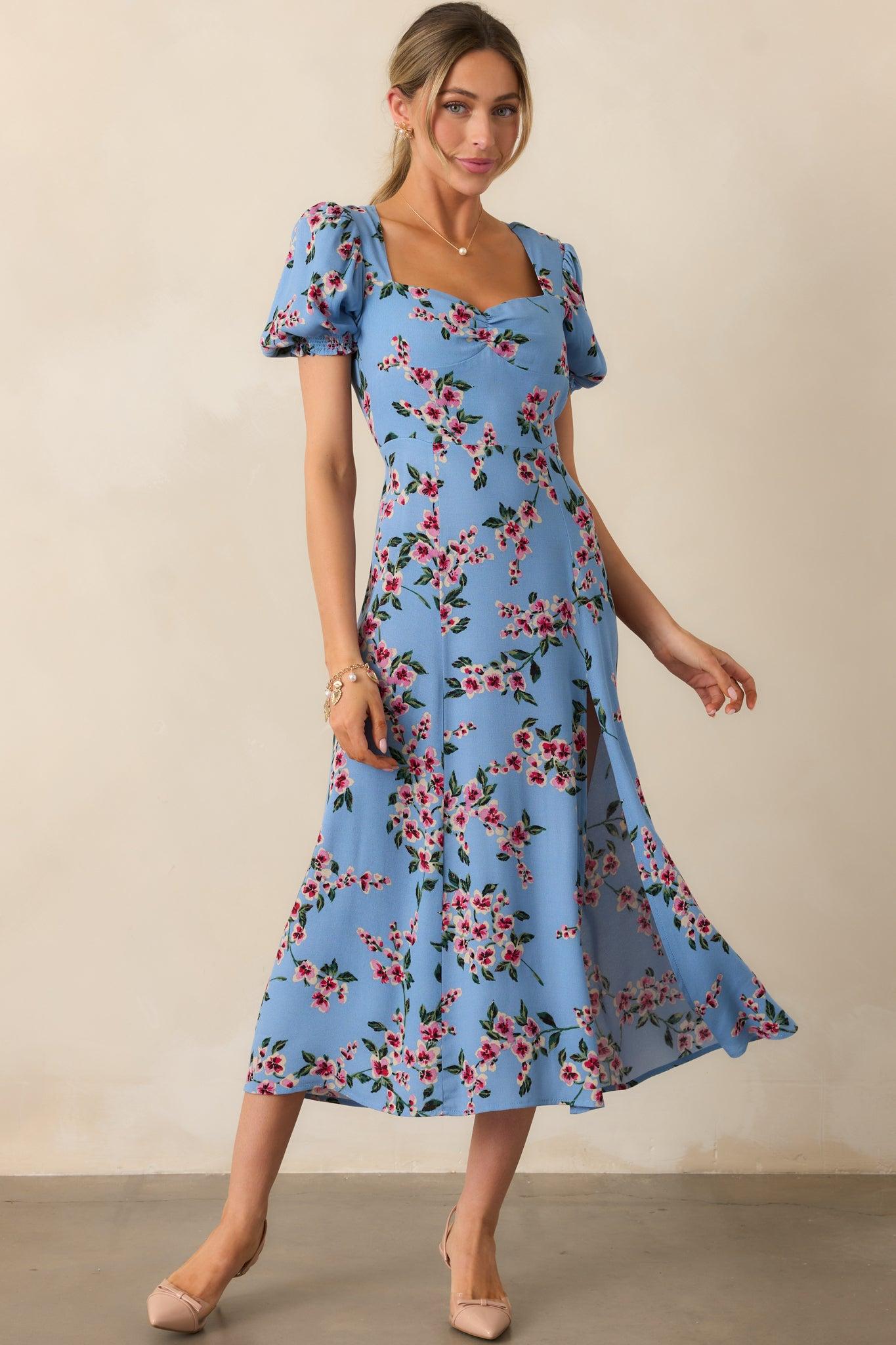 All Eyes On You Ash Blue Floral Puff Sleeve Midi Dress Product Image