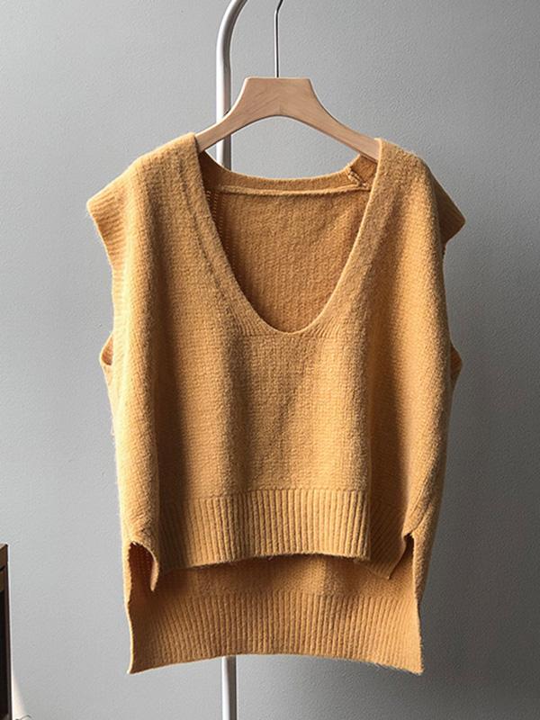 Knitting Irregularity Solid V-Neck Vest Product Image