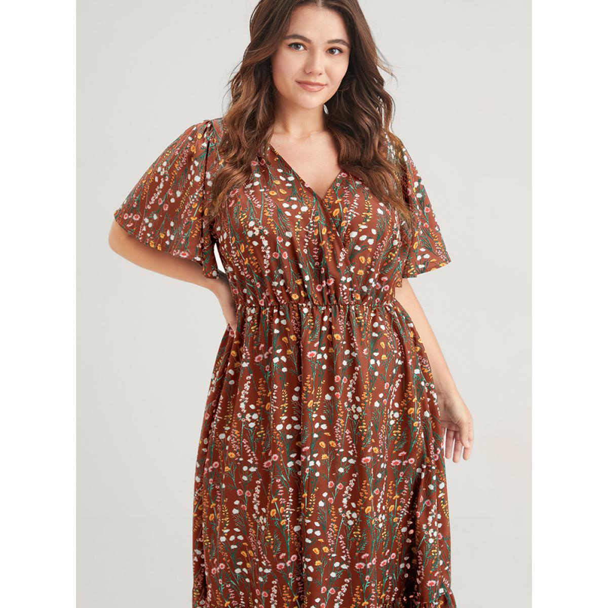Plus Size Ditsy Floral Elastic Waist Button Ruffle Pocket Wrap Midi Dress Chocolate Women Elegant Pocket V-neck Short sleeve Curvy Long Dress BloomChic 10/M Product Image