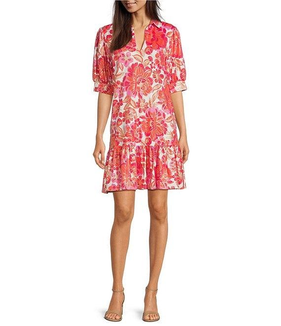 Jude Connally Tierney Metallic Peony Dream Print Knit Point Collar V-Neck Short Puff Sleeve Drop Waist Flounce Hem Dress Product Image