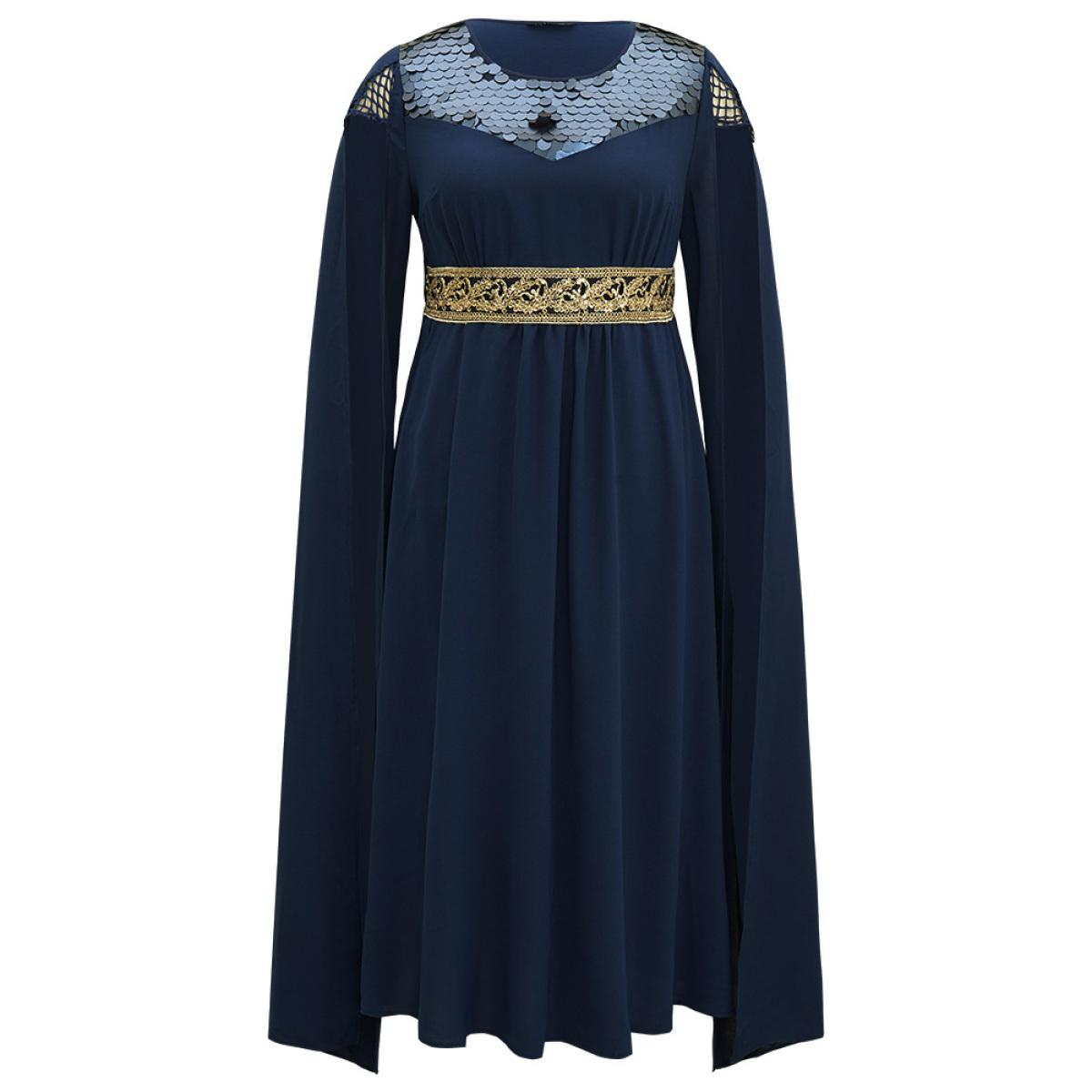 Plus Size Halloween Sequin Detail Embroidered Cut Out Dress DarkBlue Women Elegant Patchwork Round Neck Sleeveless Curvy Long Dress BloomChic 14-16/1X Product Image