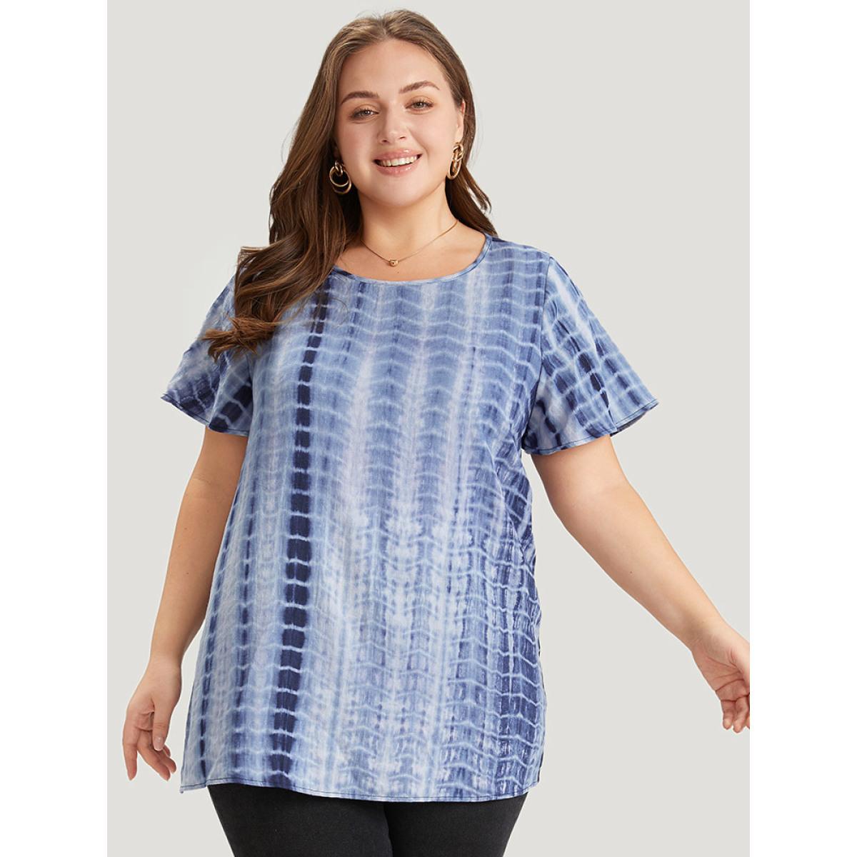 Plus Size Blue Tie Dye Ruffle Sleeve Crew Neck Blouse Women Vacation Short sleeve Round Neck Dailywear Blouses BloomChic 30/6X Product Image