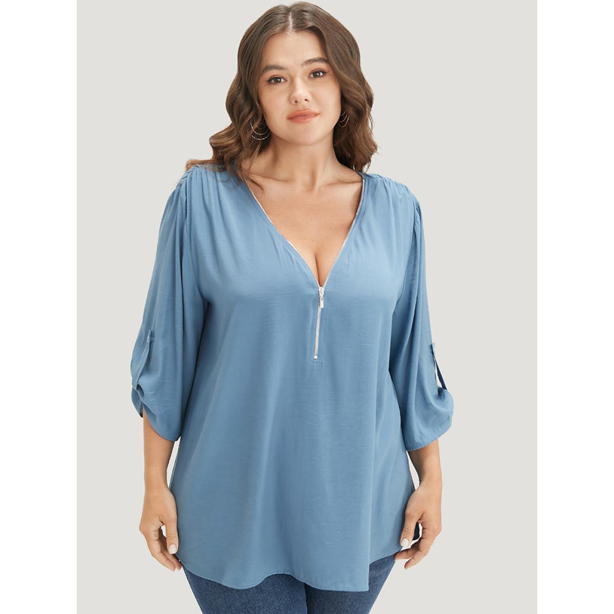Plus Size Stone Solid Zipper Half Gathered Cuffed Sleeve Blouse Women Office Elbow-length sleeve V-neck Work Blouses BloomChic 12/L Product Image