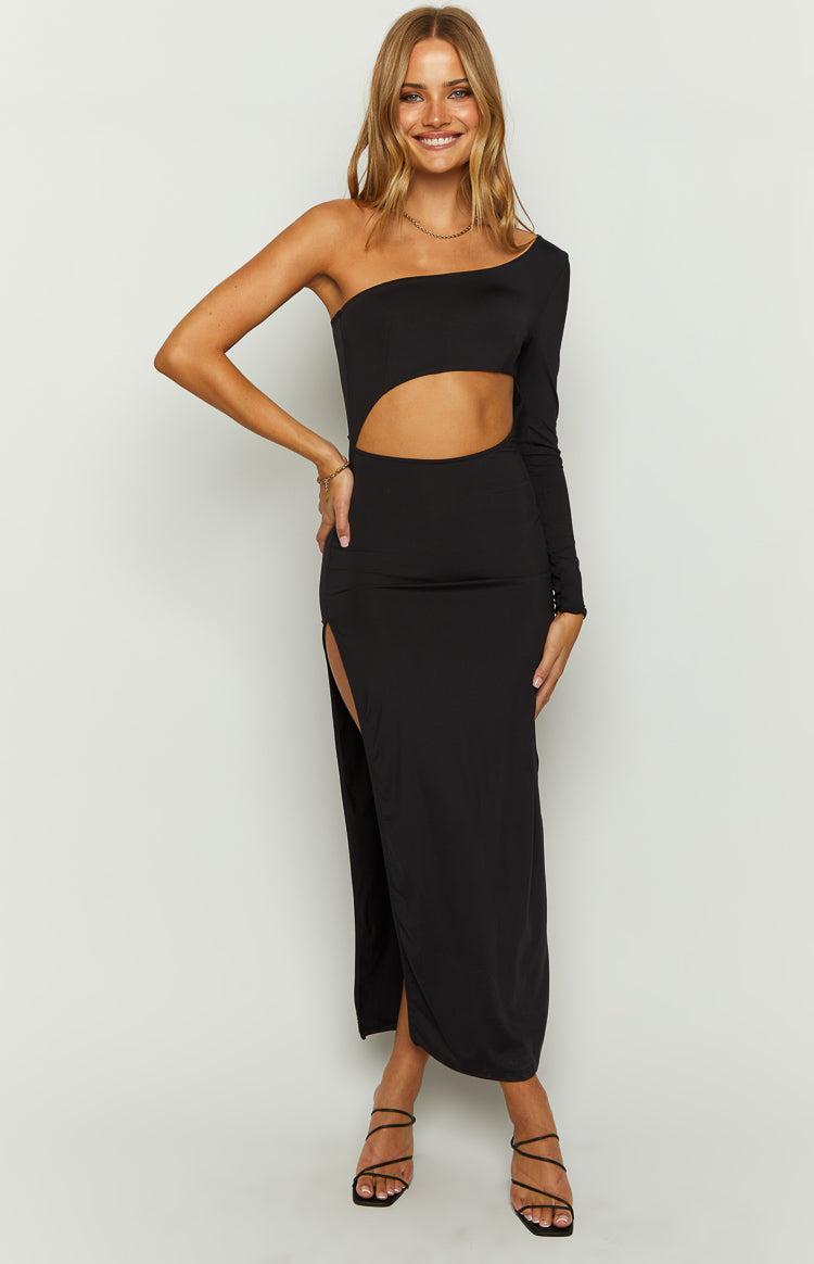 Maxine Black One Shoulder Midi Dress Product Image