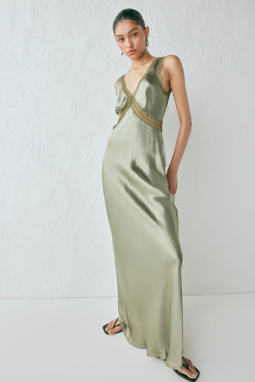 Meet Me On The Dance Floor Bias Cut Maxi Dress Olive Product Image