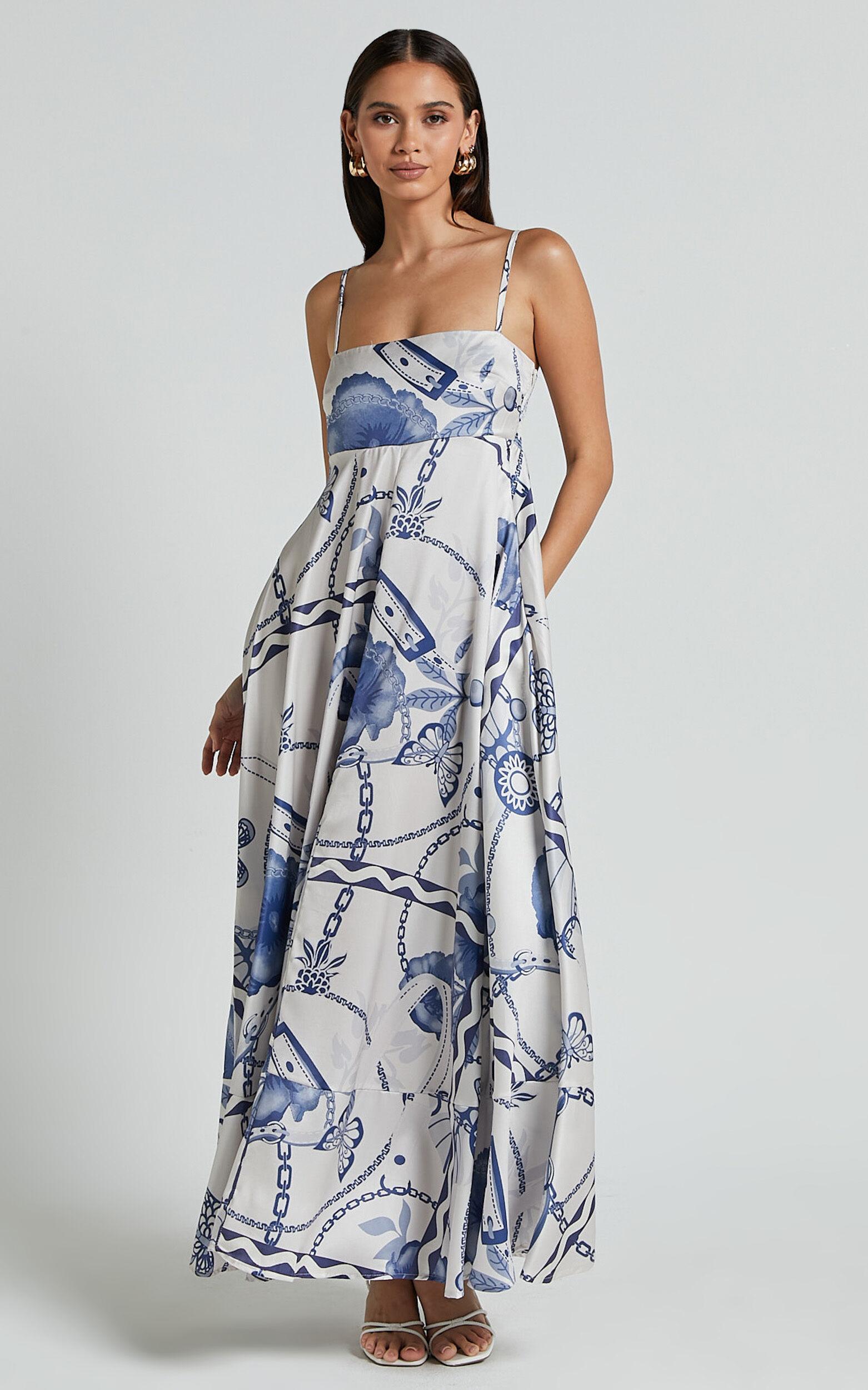 Yasmine Midi Dress - Straight Neck Sleeveless A Line Dress in Blue and White Porcelain Print Product Image