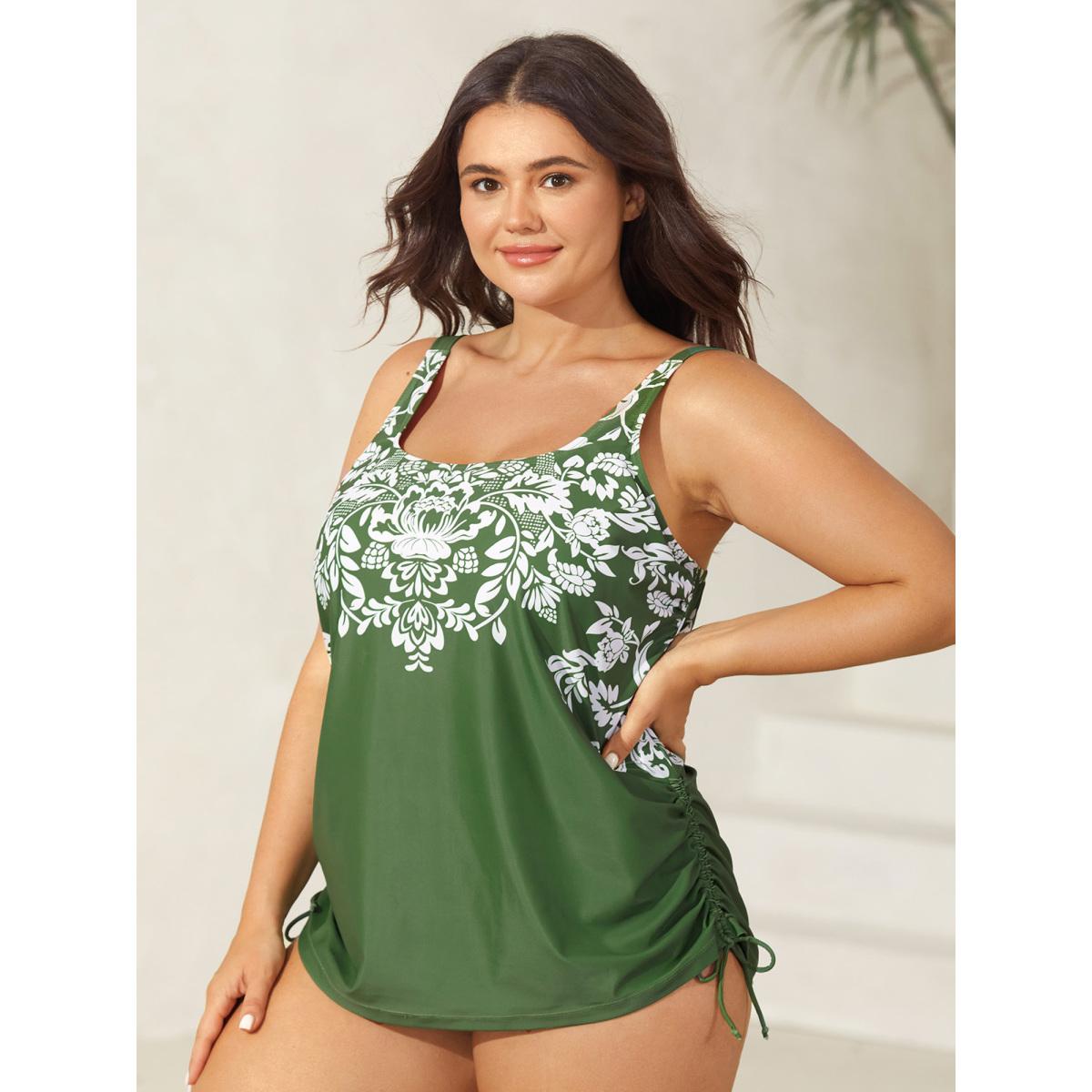 Plus Size Floral Print Side Drawstring Swim Top Women's Swimwear Truegreen Resort Drawstring High stretch Bodycon U-neck Curve Swim Tops BloomChic 12/L Product Image