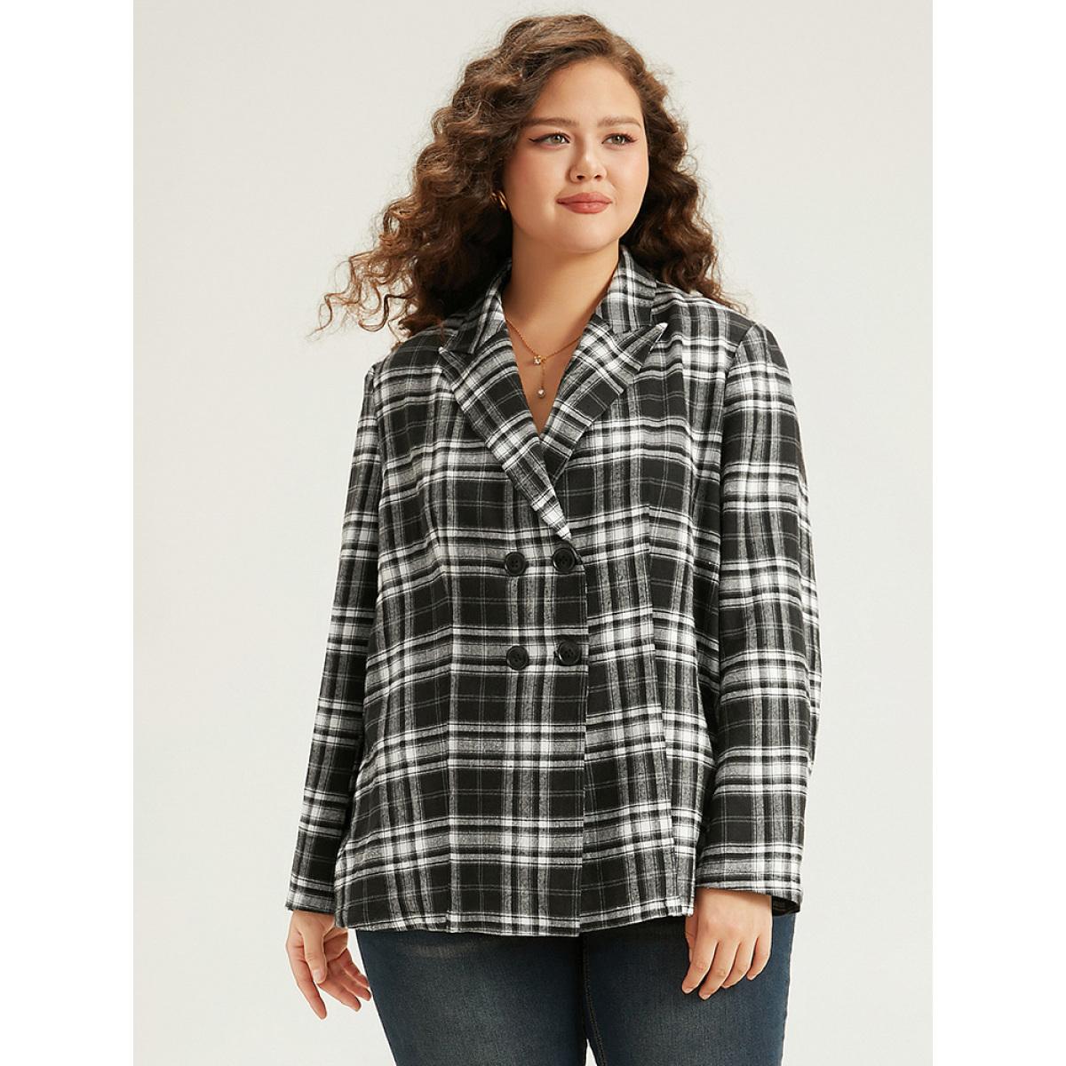 Plus Size Plaid Suit Collar Button Fly Blazer Black Women Work Plaid Contrast Sleeve Long Sleeve Suit Collar 26/4X Office Blazers BloomChic Product Image