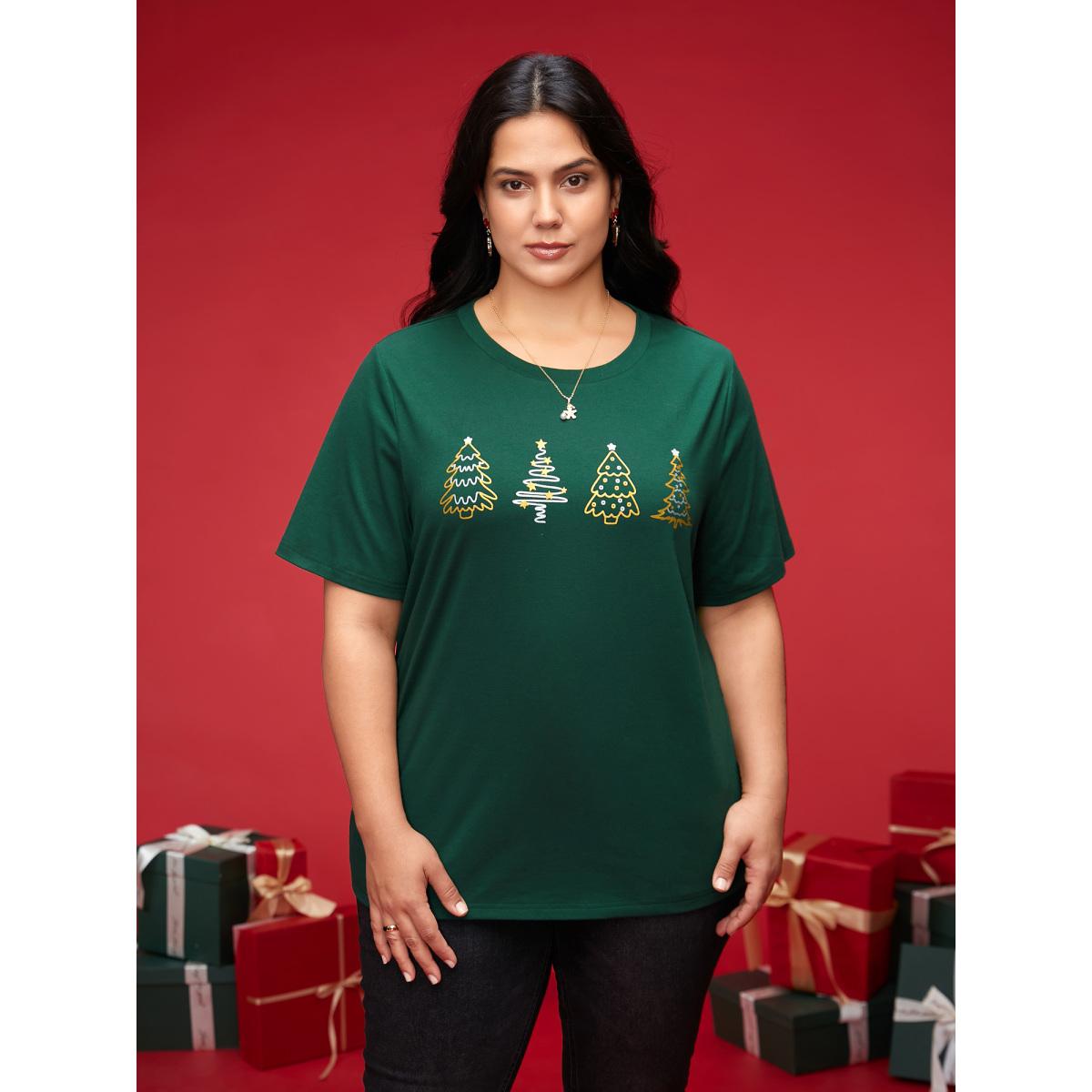 Plus Size Shimmering Trees Half Sleeves Slim-Fit Tee DarkGreen Women Leisure Non Christmas Round Neck Casual T-shirts BloomChic 10/M Product Image