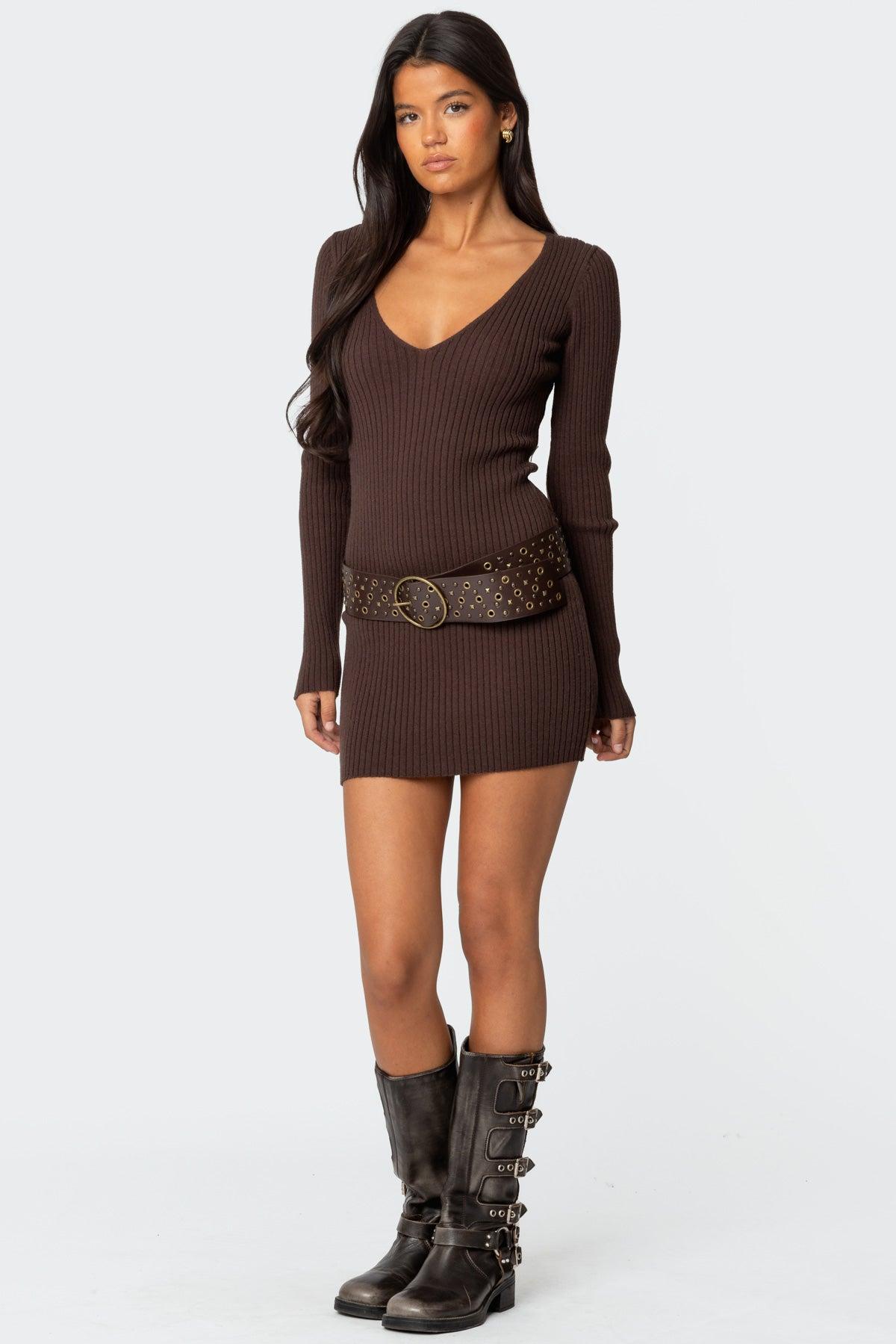 Ribbed Knit V Neck Mini Dress Product Image