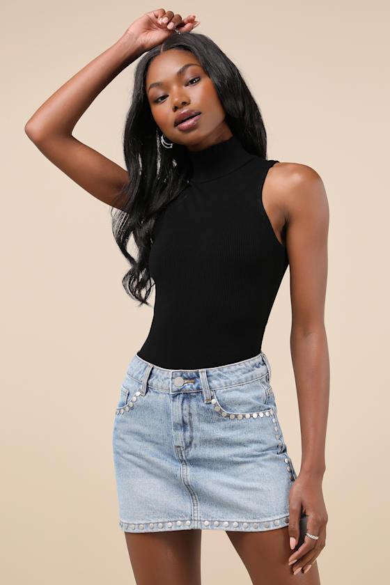 Edgy Sweetness Light Wash Denim Studded Mini Skirt Product Image