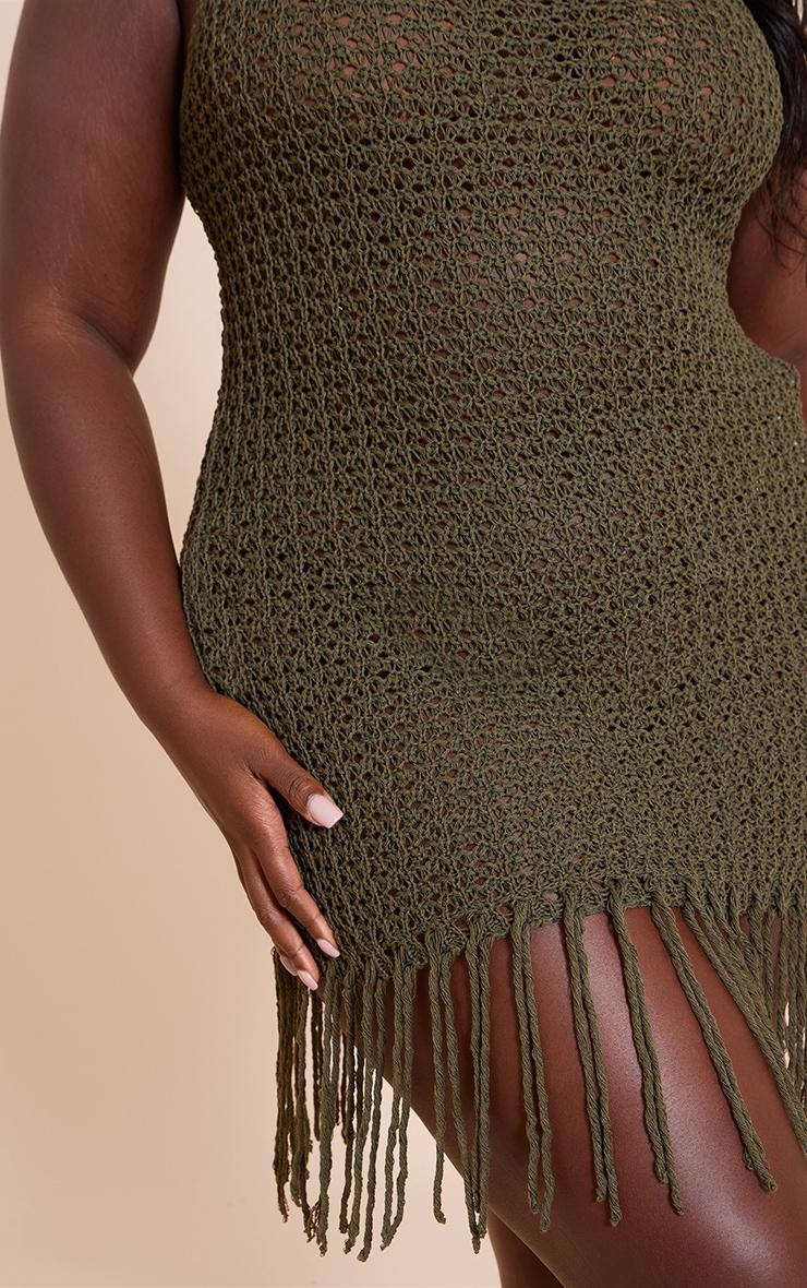 Plus Olive Crochet Boat Neck Tassle Mini Dress Product Image