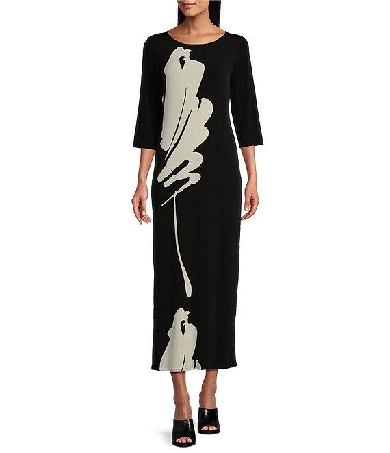 Eva Varro Knit Brushstroke Print Boat Neck 3/4 Sleeve Single Layered Long Sheath Dress Product Image