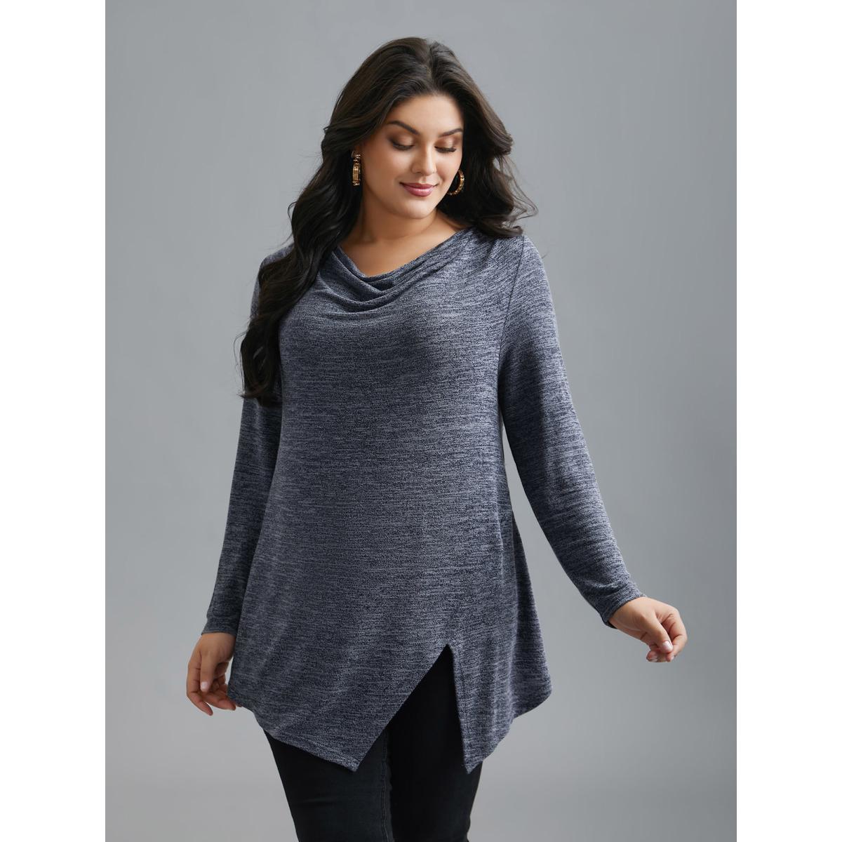 Plus Size Cowl Neck Side Slit Fitted T-Shirt Indigo Women Elegant Overlapping Cowl Neck Everyday T-shirts BloomChic 12/L Product Image