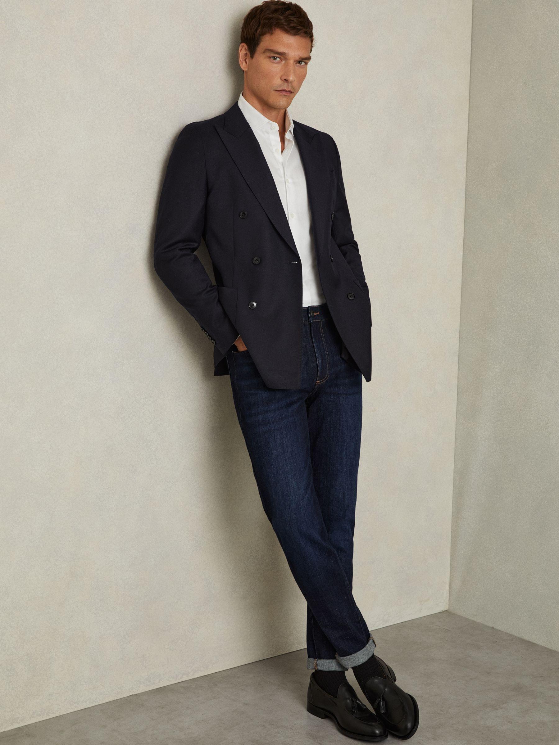 Double Breasted Suit Jacket in Wool-Blend in Navy Product Image