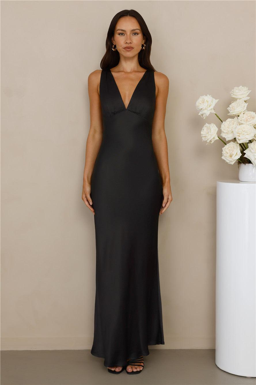 The Isabeau Satin Maxi Dress Black Product Image
