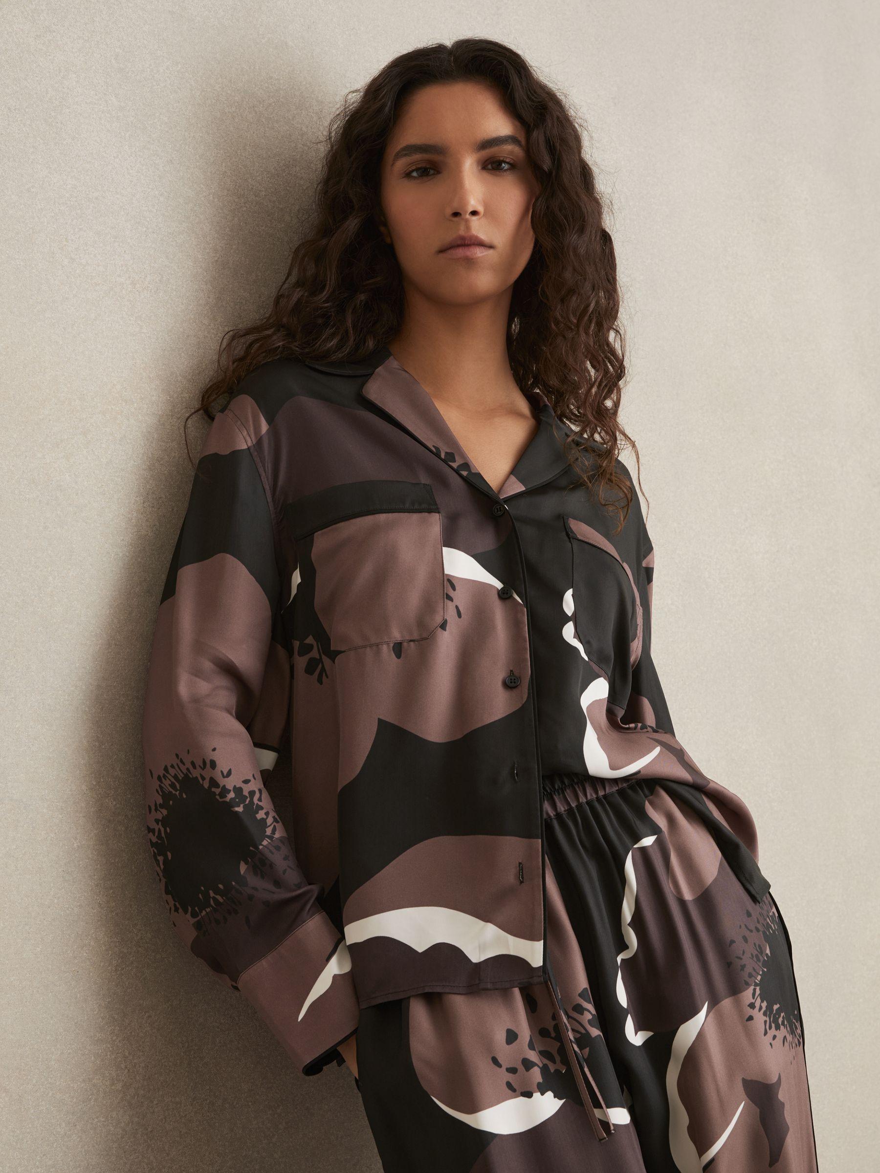 Floral-Print Long-Sleeve Shirt in Black/Brown Product Image