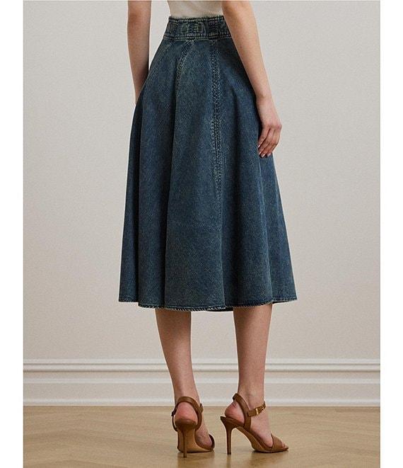 Lauren Ralph Lauren Drawcord Waist A-Line Denim Midi Skirt Product Image