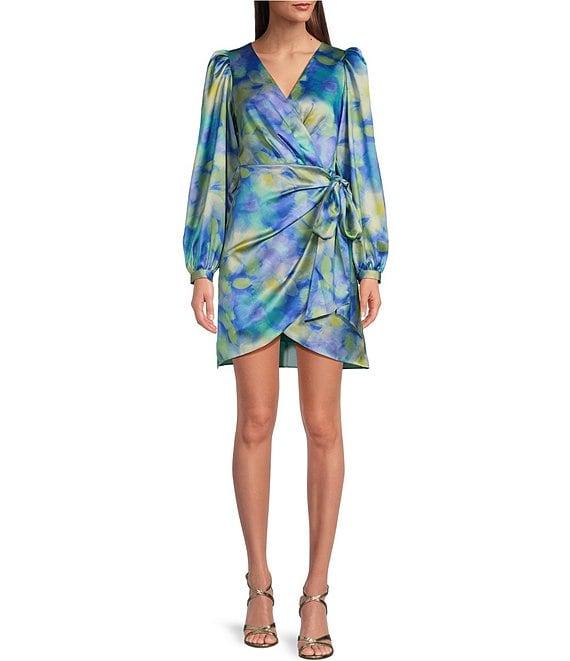Belle by Badgley Mischka Lola Satin Jacquard Wrap Dress Product Image