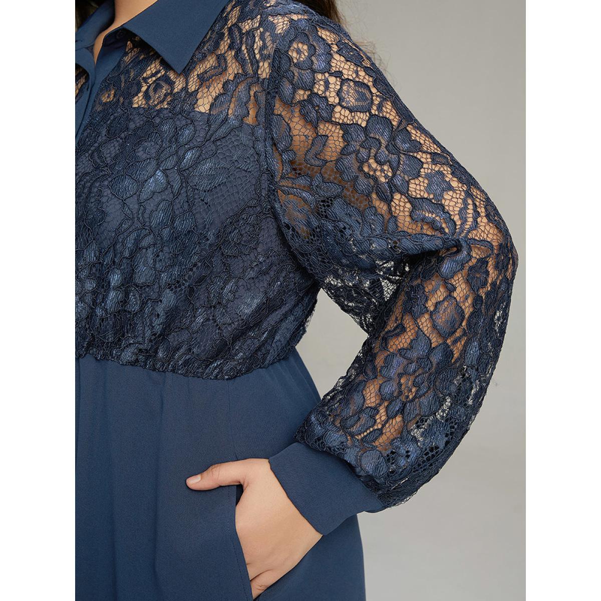 Plus Size Contrast Lace Shirt Collar Ruffle Hem Dress Indigo Women Office Plain Shirt collar Long Sleeve Curvy Midi Dress BloomChic 28/5X Product Image
