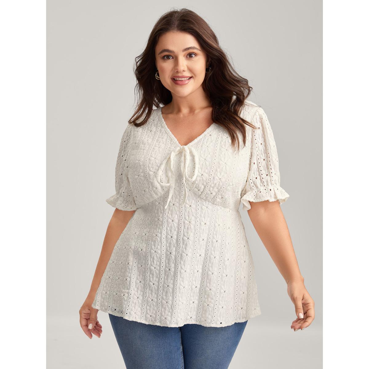 Plus Size Ivory Textured Eyelet Embroidered Solid Blouse Women Short sleeve V-neck Everyday-Elegant Blouses BloomChic 30/6X Product Image